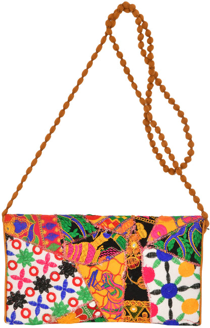 Exotic India Multicolored Embroidered Clutch Bag with Front Flap and Large Mirrors 2