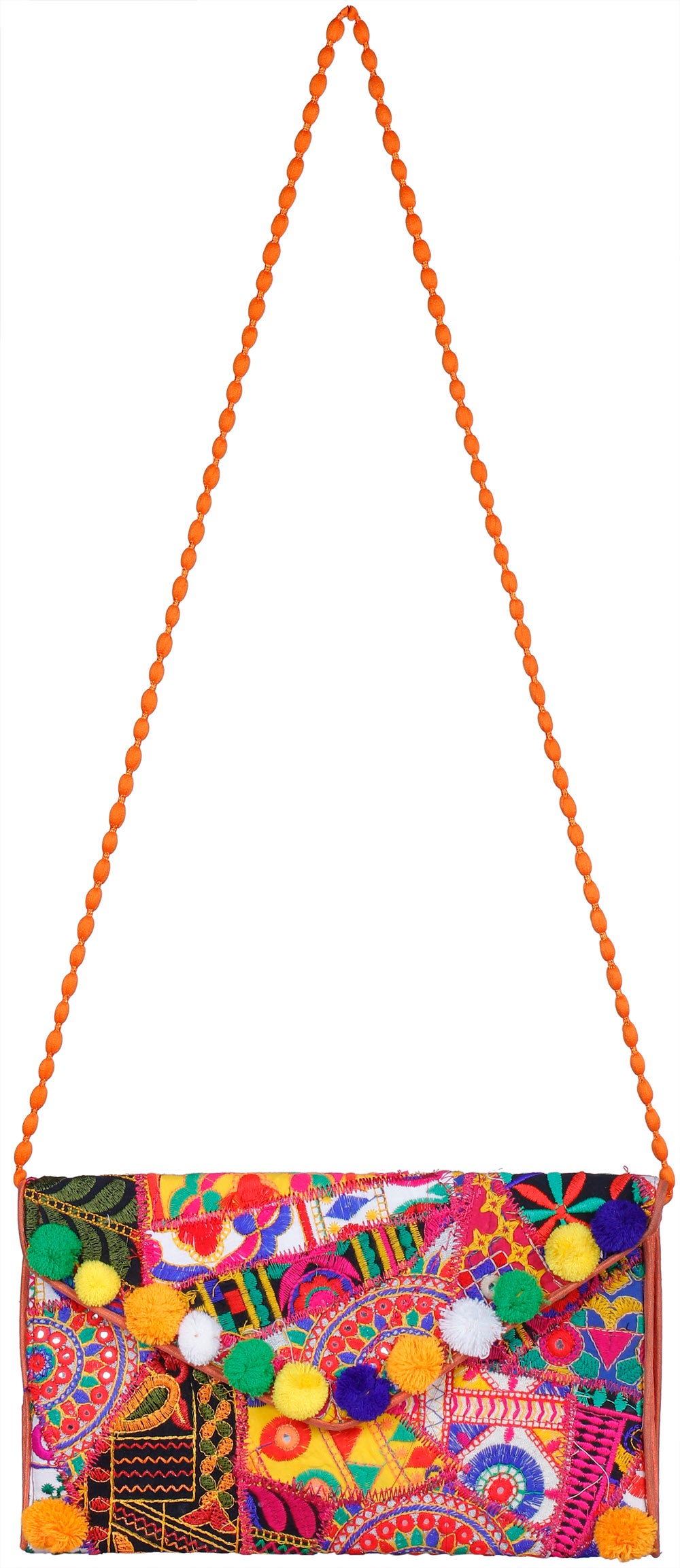 Exotic India Multicolored Embroidered Clutch Bag with Front Flap and Large Mirrors