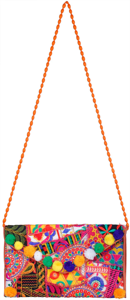 Exotic India Multicolored Embroidered Clutch Bag with Front Flap and Large Mirrors