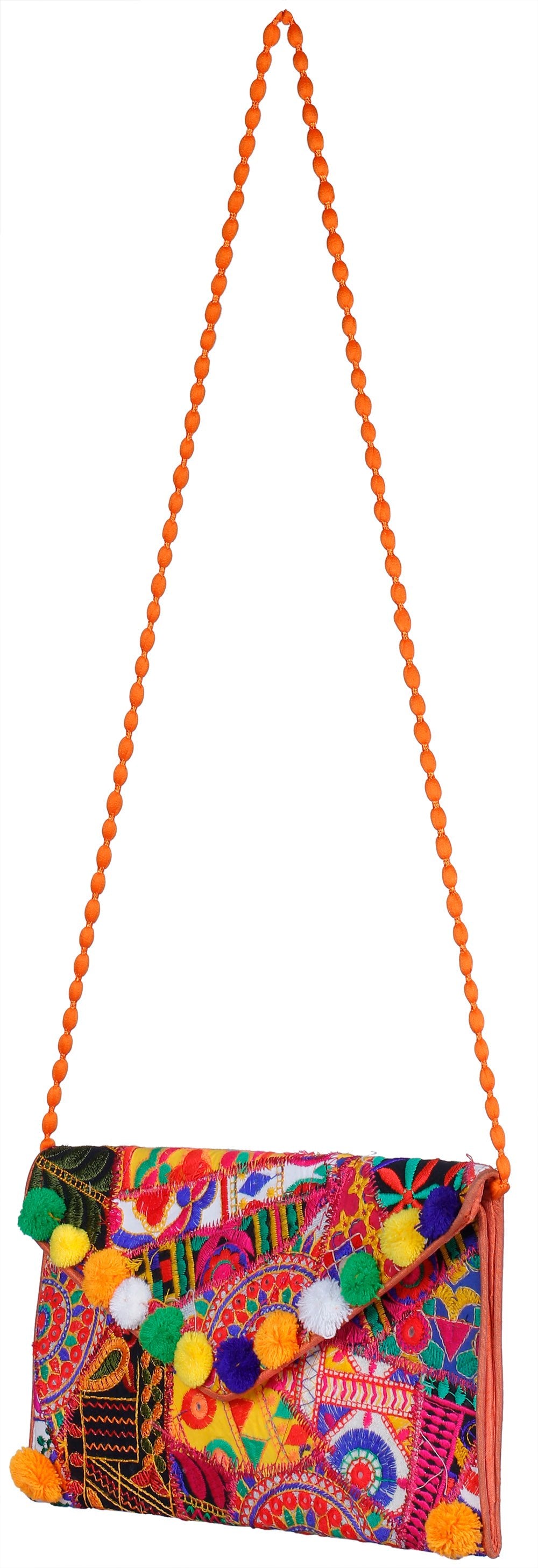 Exotic India Multicolored Embroidered Clutch Bag with Front Flap and Large Mirrors 2