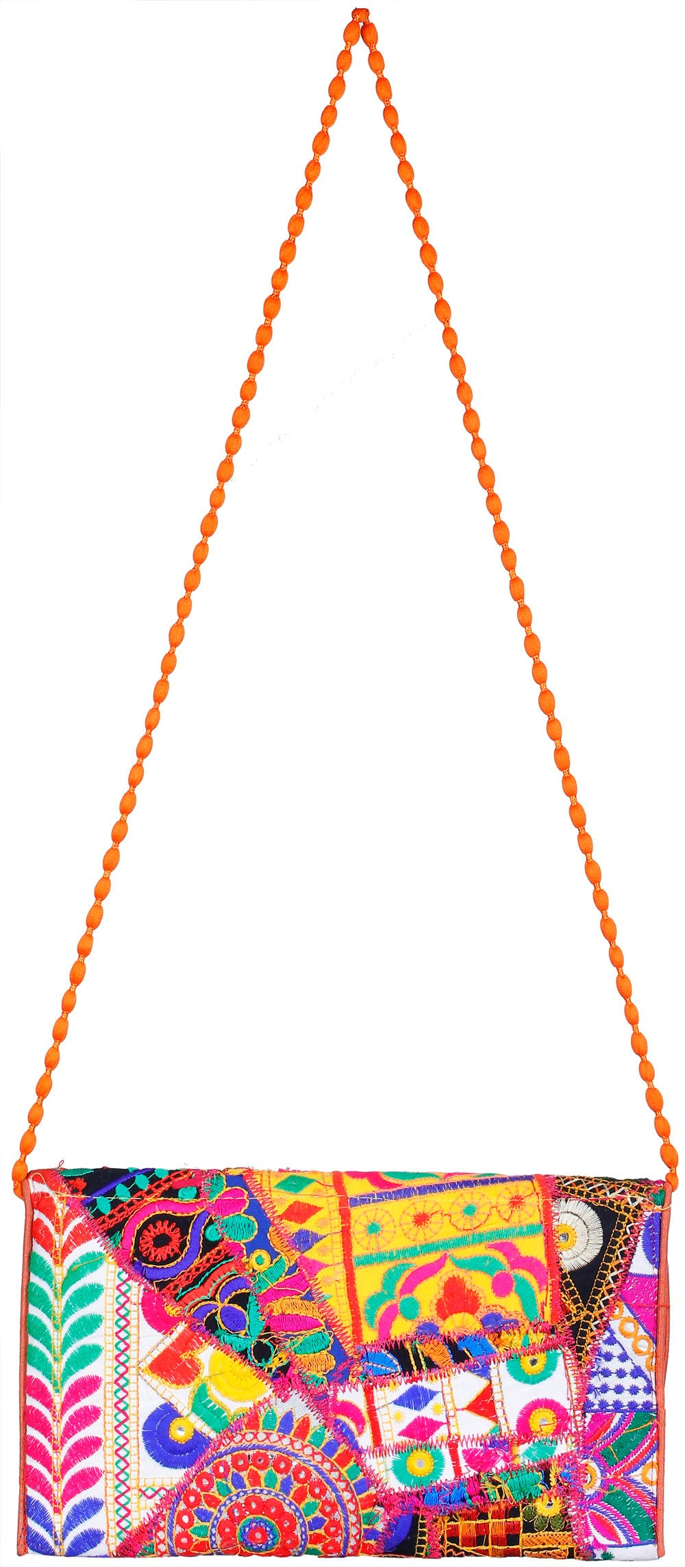 Exotic India Multicolored Embroidered Clutch Bag with Front Flap and Large Mirrors 3