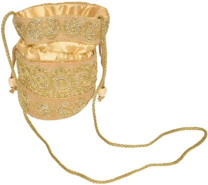 Exotic India Drawstring Potli Bag with golden embroidery and Sequins