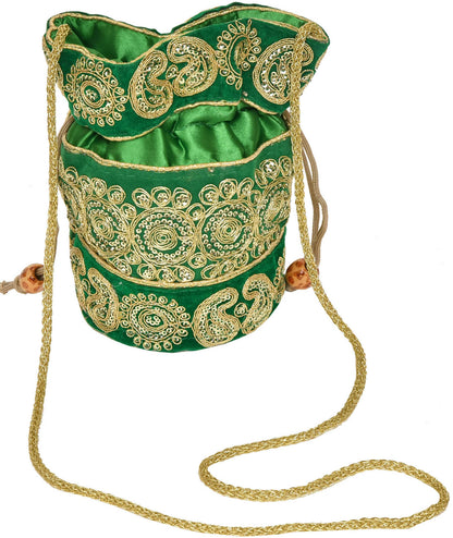 Exotic India Drawstring Potli Bag with golden embroidery and Sequins