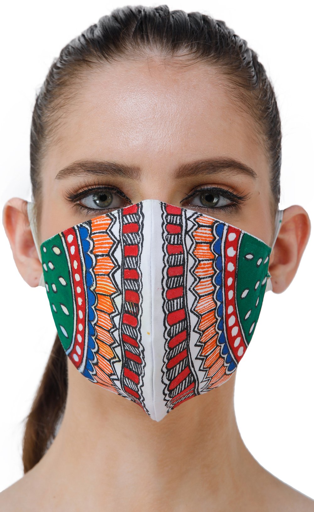 Exotic India Two Ply Cotton Fashion Mask with Hand-Painted Madhubani Motifs (Geometric)