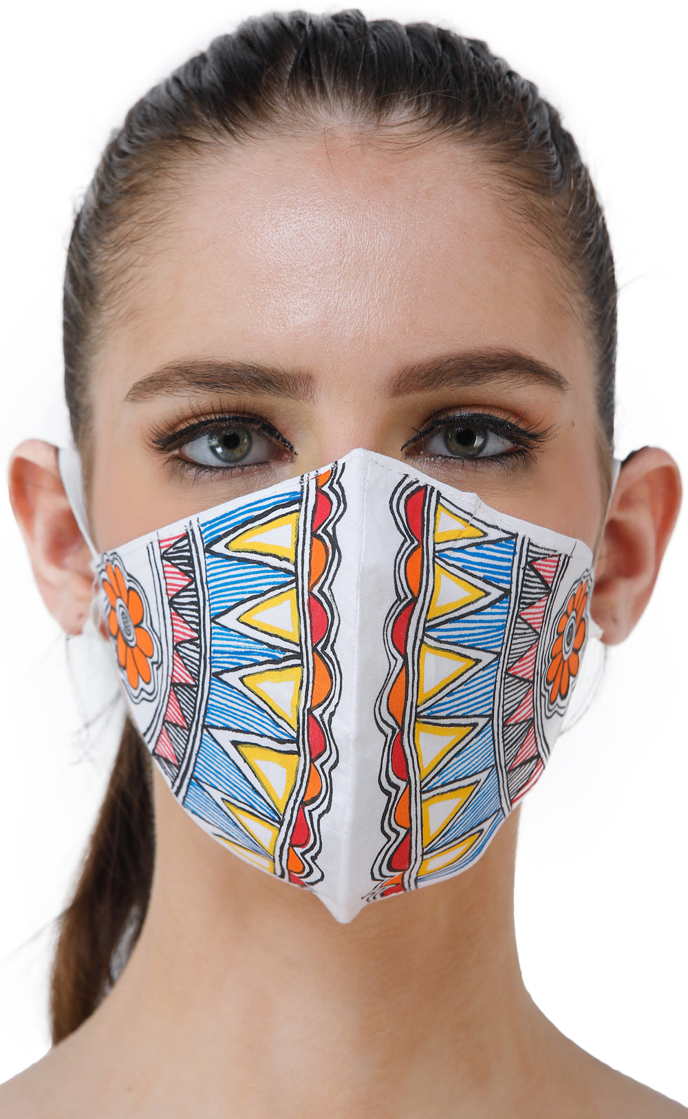 Exotic India Two Ply Cotton Fashion Mask with Hand-Painted Madhubani Motifs (Lotus)