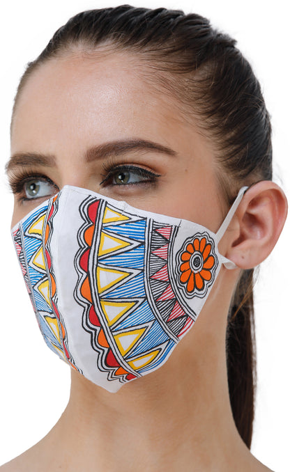 Exotic India Two Ply Cotton Fashion Mask with Hand-Painted Madhubani Motifs (Lotus) 2