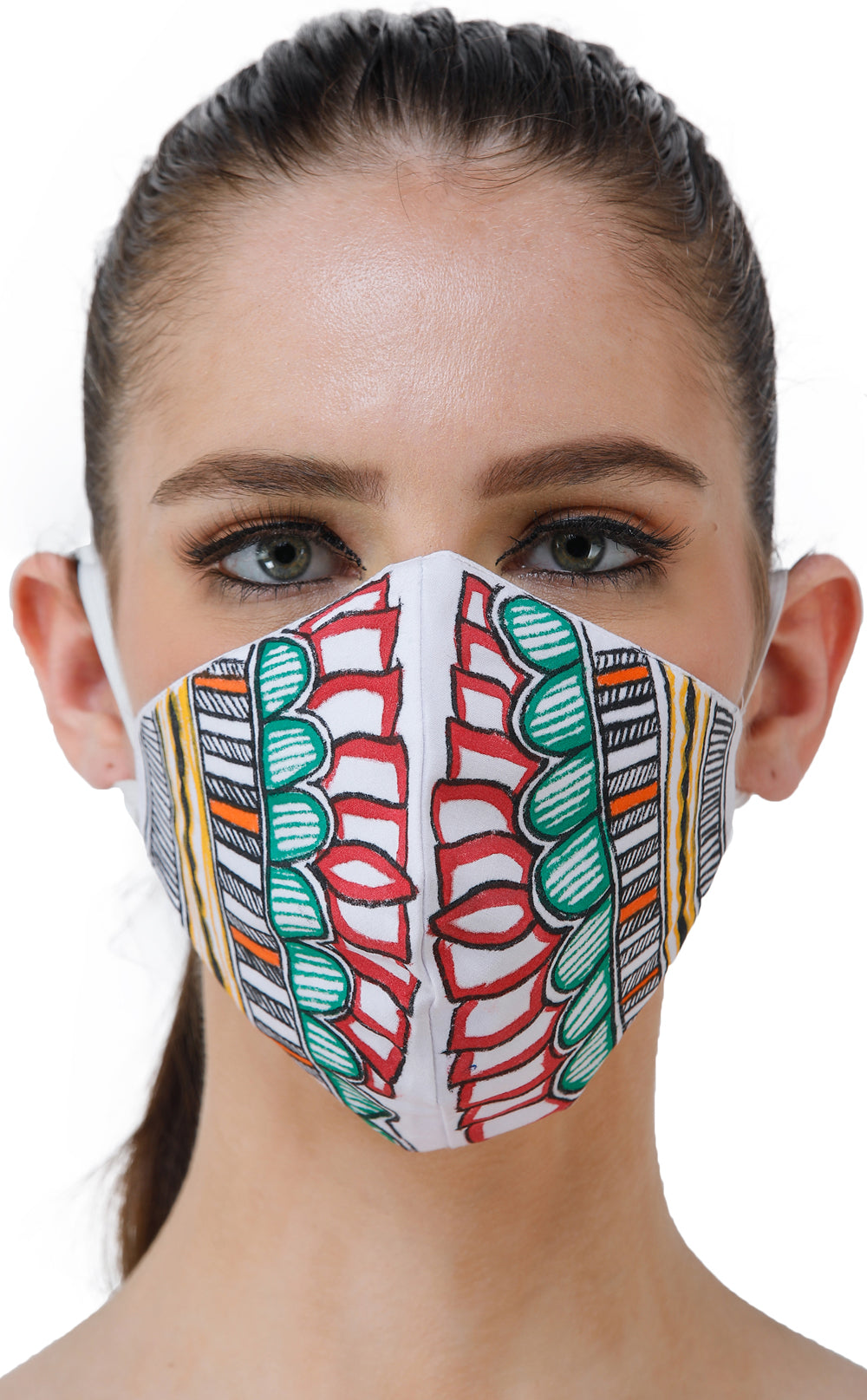 Exotic India Two Ply Cotton Fashion Mask with Hand-Painted Madhubani Motifs (Lotus)