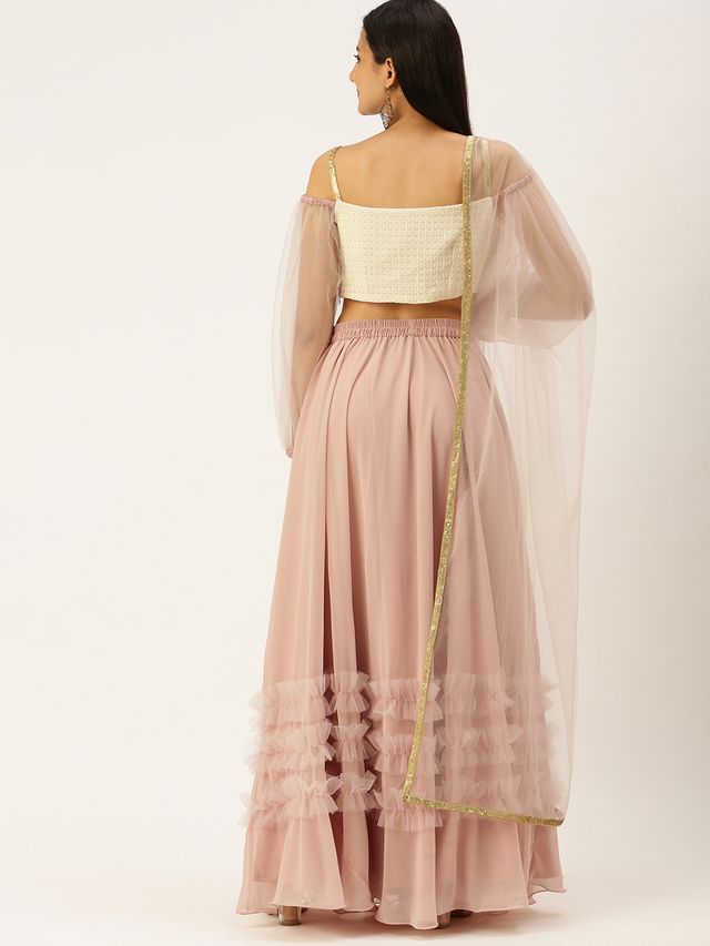 Bollywood Vogue Ready To Wear Pink N White Off Shoulder Puff Sleeves Lehenga