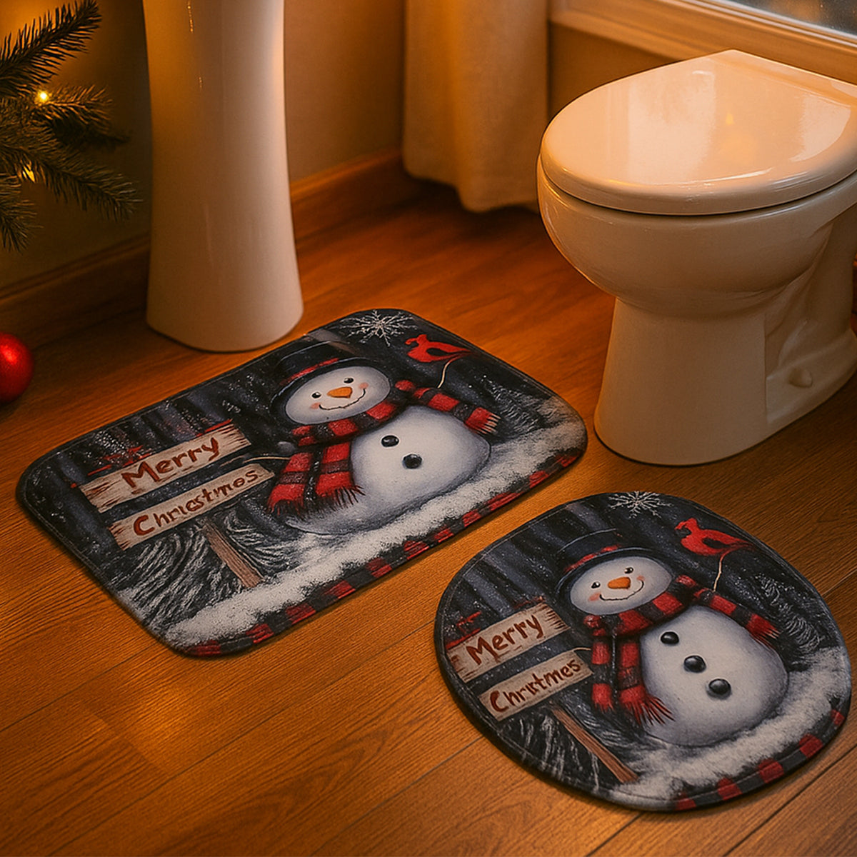 3 in1 Christmas-Themed 3-Piece Bathroom Mat Set – Snowman Print with Soft Microfiber with Anti-Skid Backing- (1 Set)