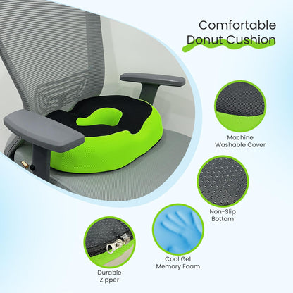 Sleepsia Donut Pillow for Tailbone Pain | Coccyx Seat Cushion for Chair- Car Seat Cushion (Green/Black,Gel Memory Foam)