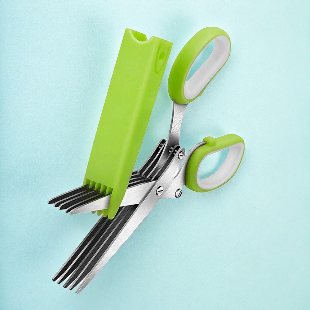 5-Layer Stainless Steel Herb Scissors with Cleaning Brush (Multicolor)