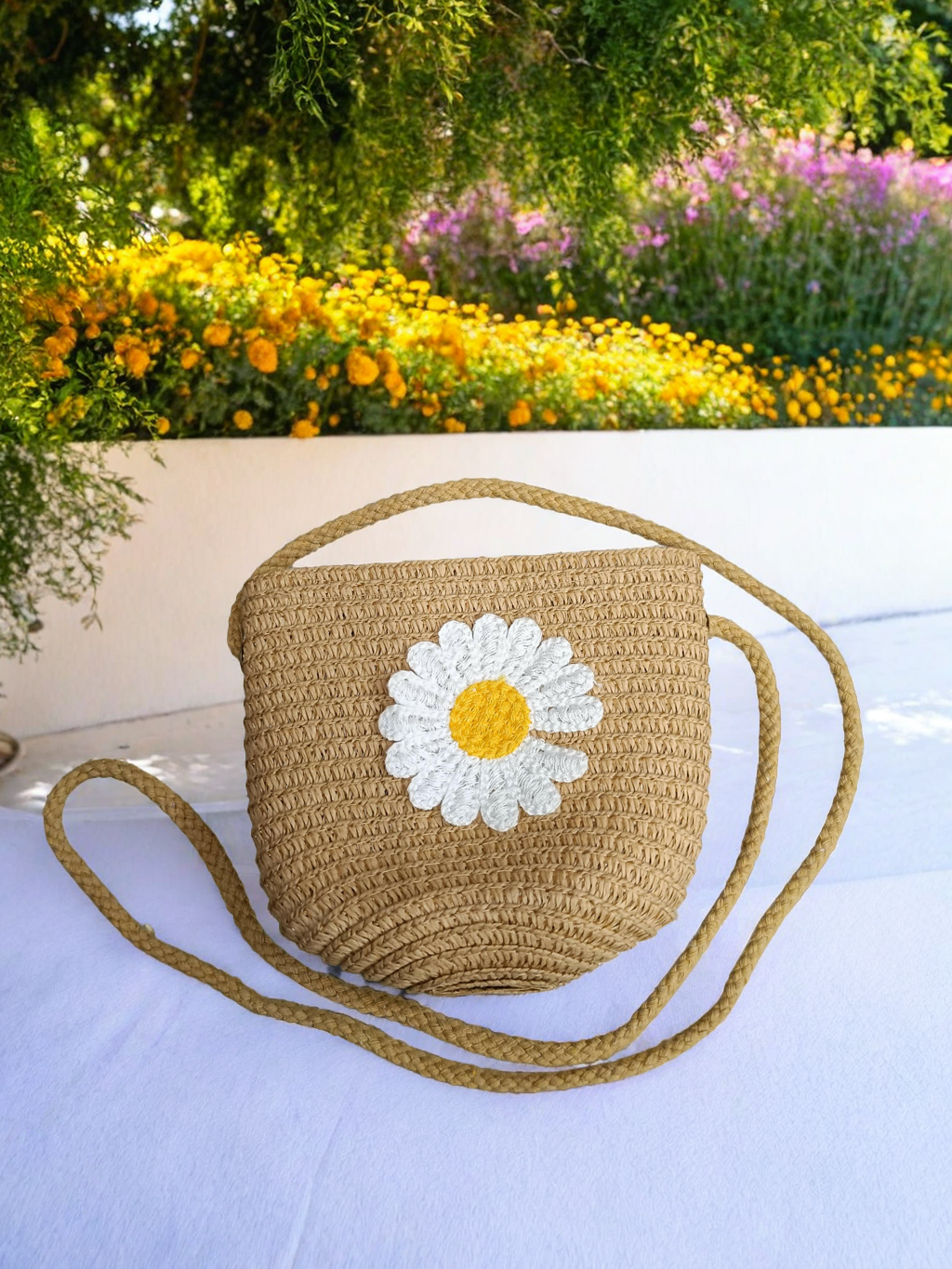 White flower designed brown sling bag for girls (TPT)