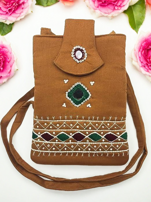 Embroidered crossbody long strap ladies purse (biege)