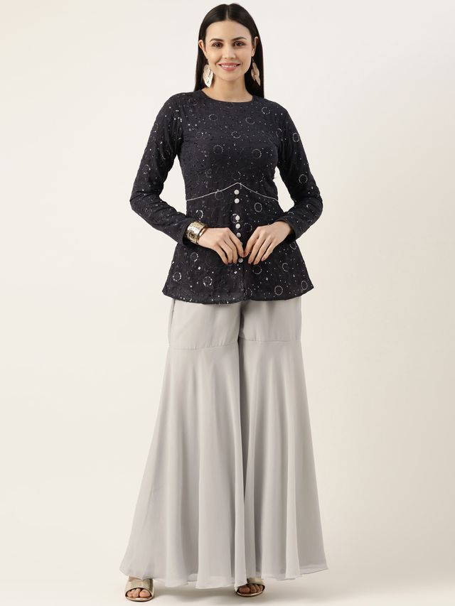 Bollywood Vogue Ready To Wear Silver N Dark Grey Georgette Sequins Embroidered Gharara Set