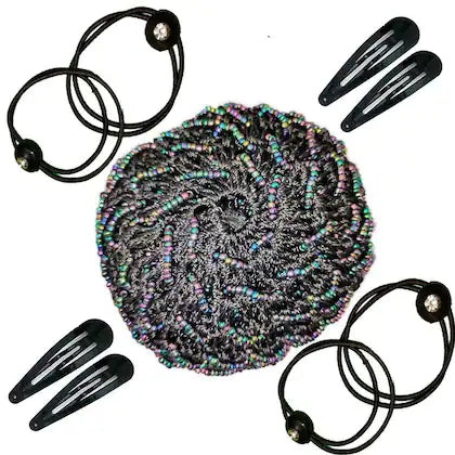 SENECIO Set of 9 Pcs Black Multicolor Beaded Work Woven Juda Bun Net Cover With Tic Tac Hair Pins & Rubber Band