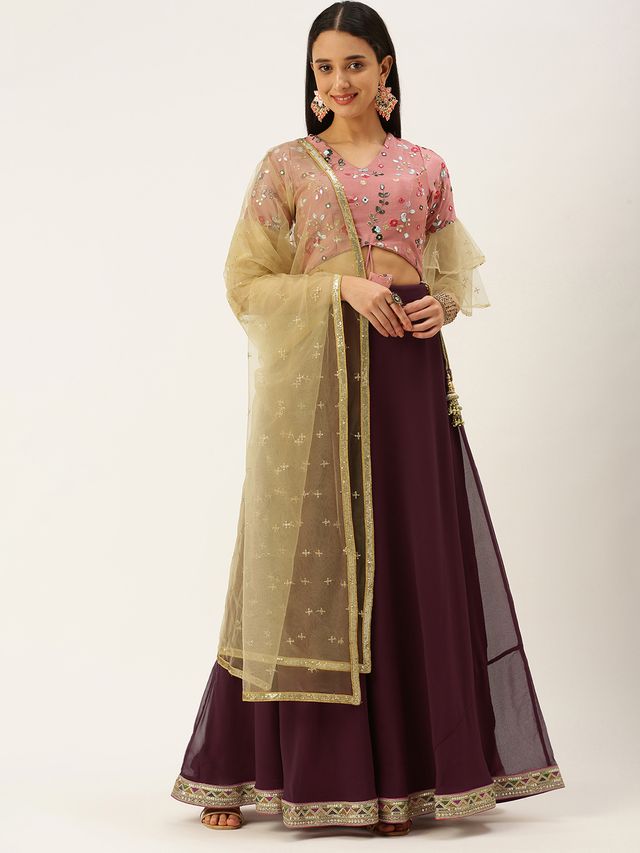 Bollywood Vogue Ready To Wear Wine Viscose Embroidered Pink Lehenga