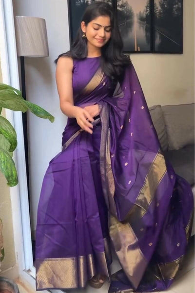 AXONIT Traditional Violet Cotton Saree Crafted with Delicate Golden Zari Butti and Royal Border