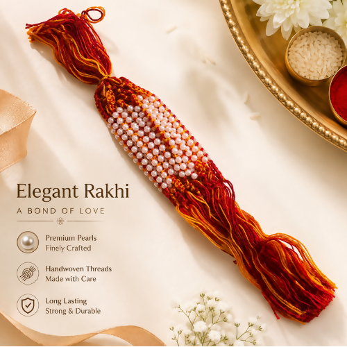 Handmade Traditional Red & Yellow Thread Pearl Rakhi - Pack of 1 (Set of 12)