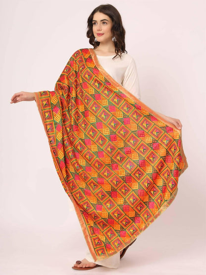 Orange Multicolour Embroidery Phulkari Duppatta - HalfPe