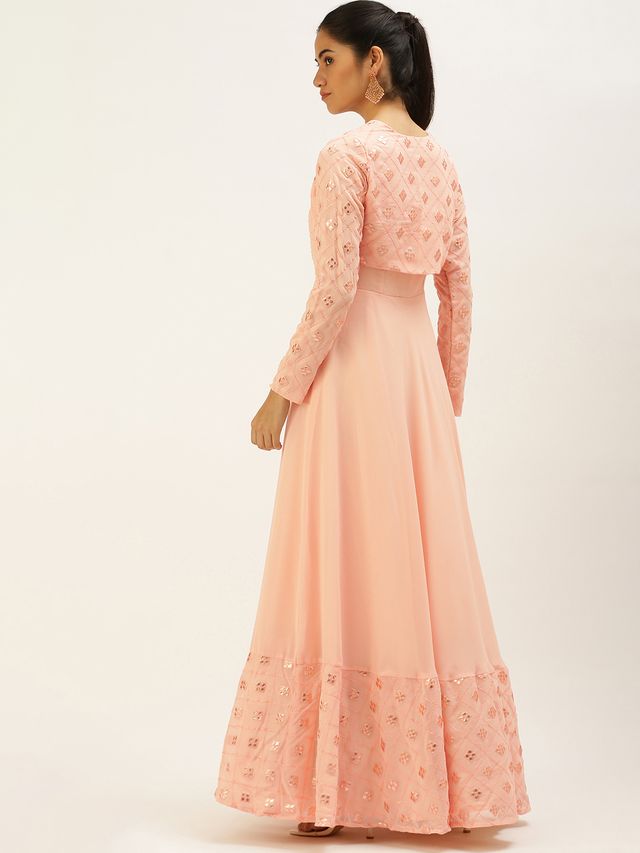 Bollywood Vogue Ready To Wear Peach Embroidered Gown With Jacket
