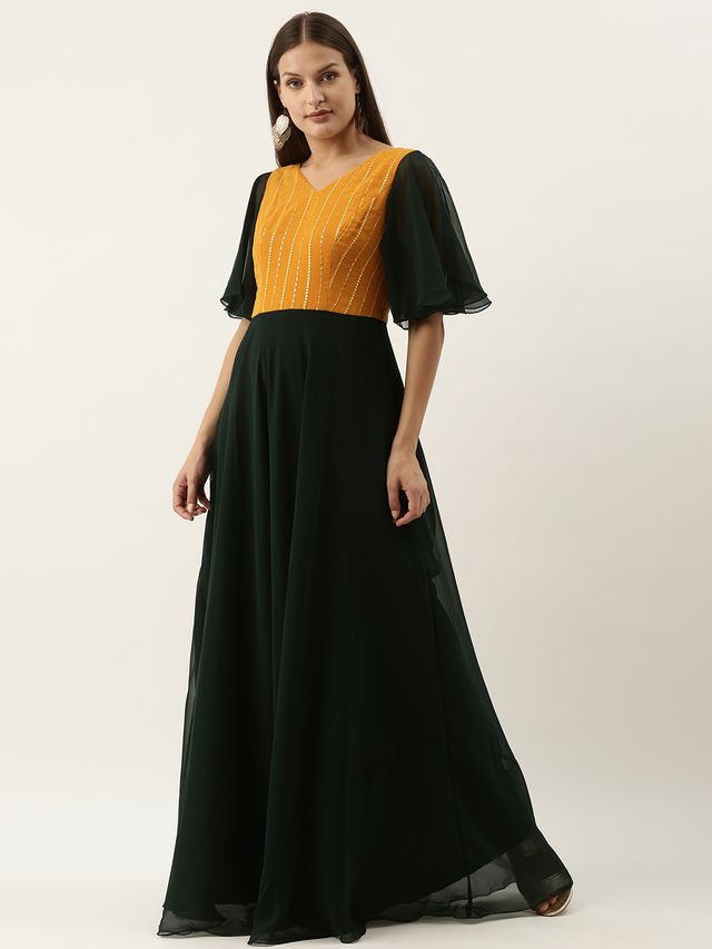 Bollywood Vogue Ready To Wear Mustard Embroidered N Turquoise Green Gown