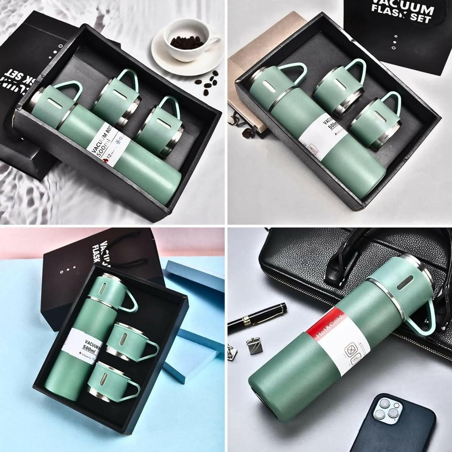 Double Wall Stainless Steel Thermo Vacuum Insulated Water Bottle Flask Set with 3 Cups for Hot & Cold (500ml) - HalfPe