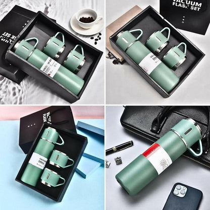 Double Wall Stainless Steel Thermo Vacuum Insulated Water Bottle Flask Set with 3 Cups for Hot & Cold (500ml) - HalfPe