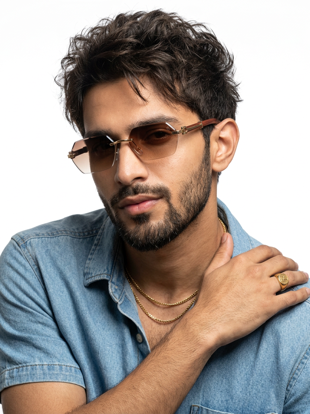 Essence Steel Golden Rimless Sunglasses for Men and Women - Style 2565 - worn by a male model (image 1)