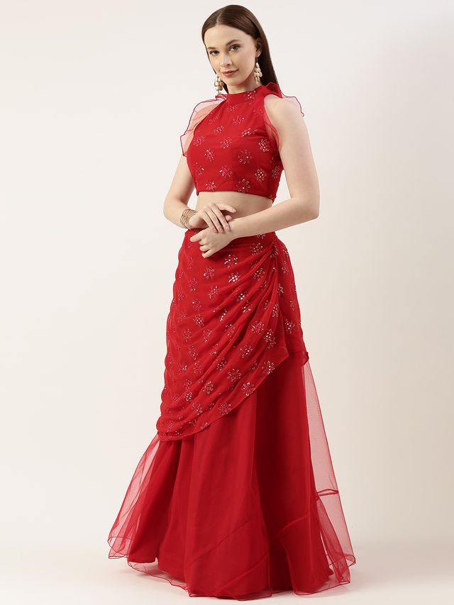 Bollywood Vogue Ready To Wear Red Georgette Draped lehenga Set