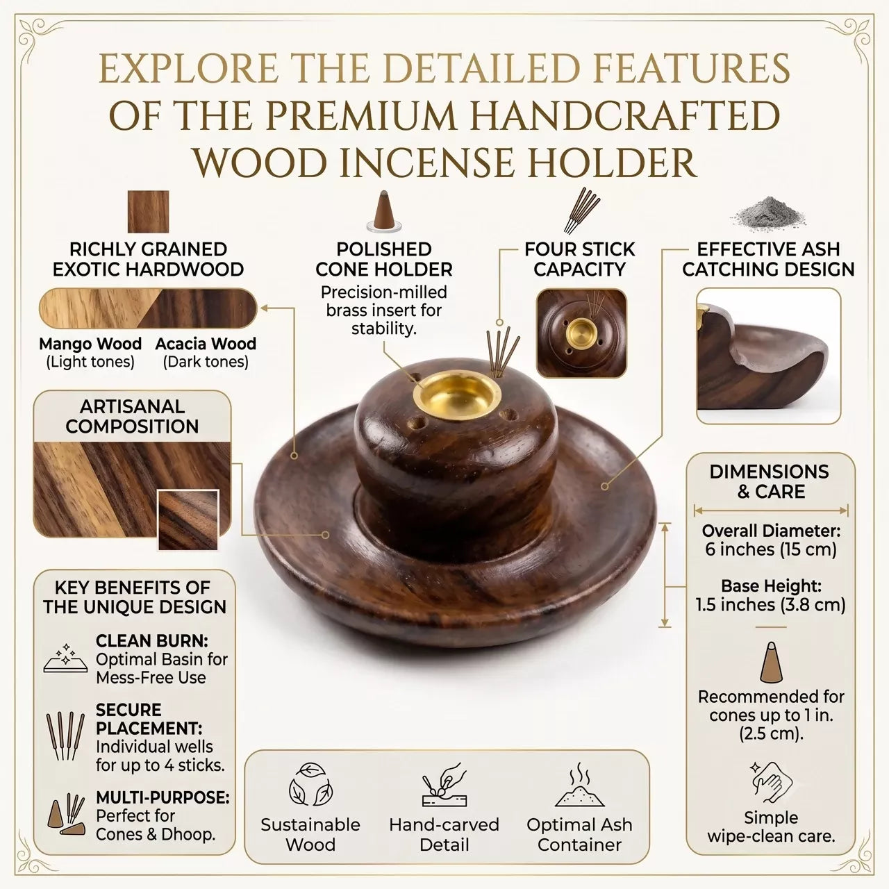 Santarms Premium Wooden Agarbatti Stand – Wooden Incense Holder, Brown