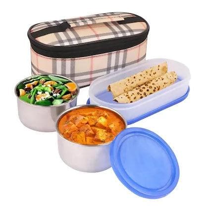 Lunch Box with 2 Round Containers & 1 Oval Container Perfect For Office Use 3 Containers Lunch Box (750 ml) - HalfPe