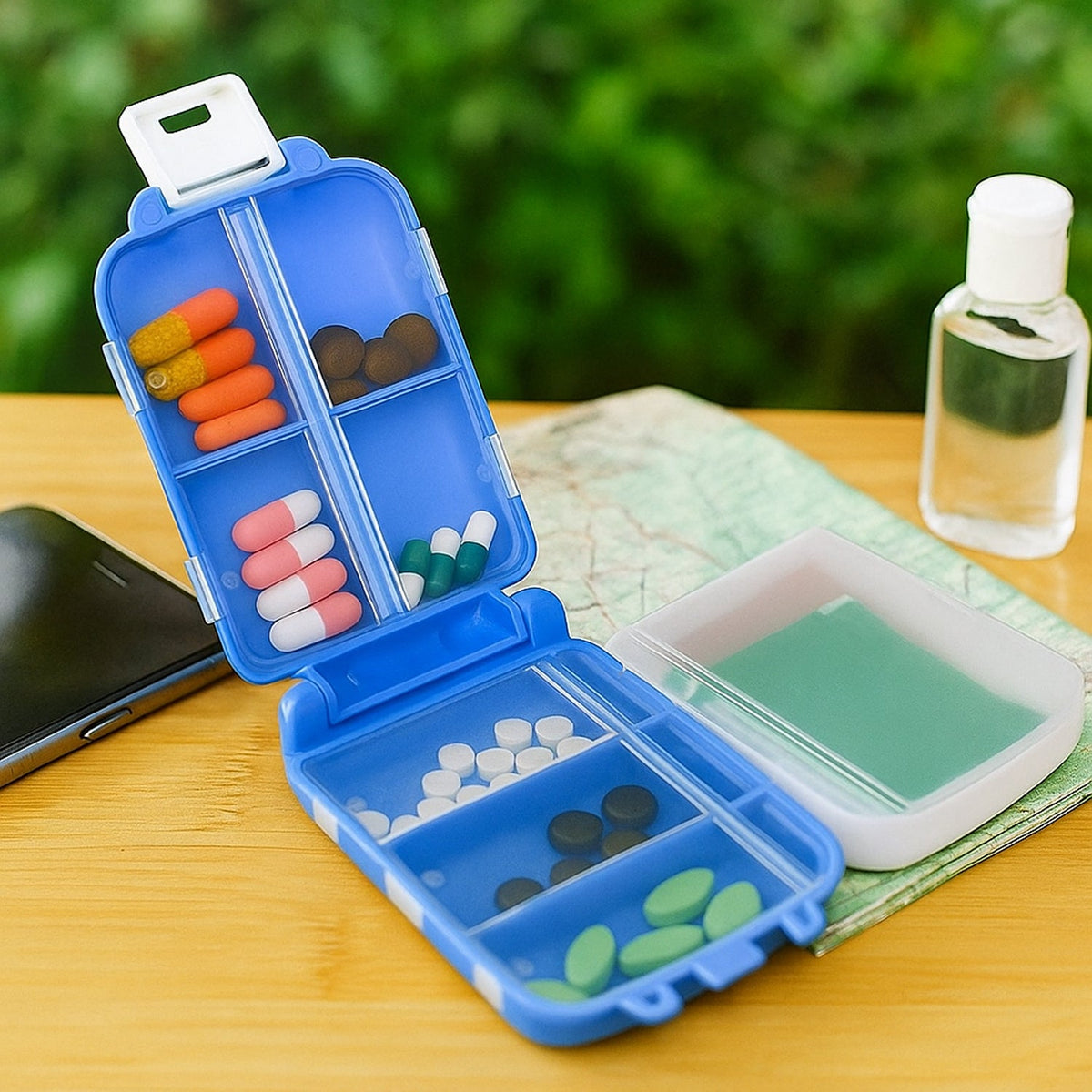 Portable Blue Dual-sided Pill Organizer Box 8-Compartment Pocket Medicine Case with Secure Snap Locks – Moisture-Resistant(1 Pc) HP DD