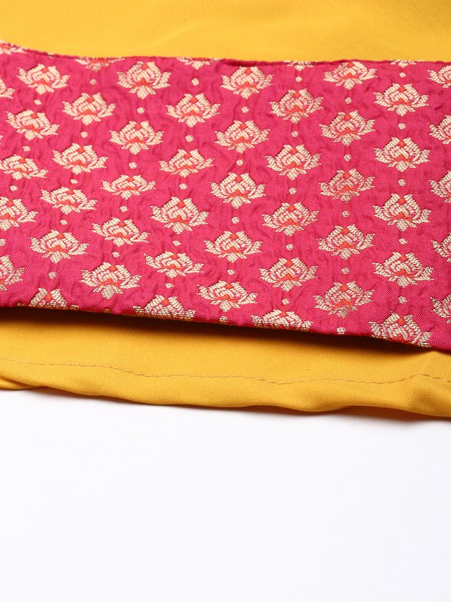 Bollywood Vogue Ready To Wear Pink Jacquard Art Silk N Yellow Net Lehenga