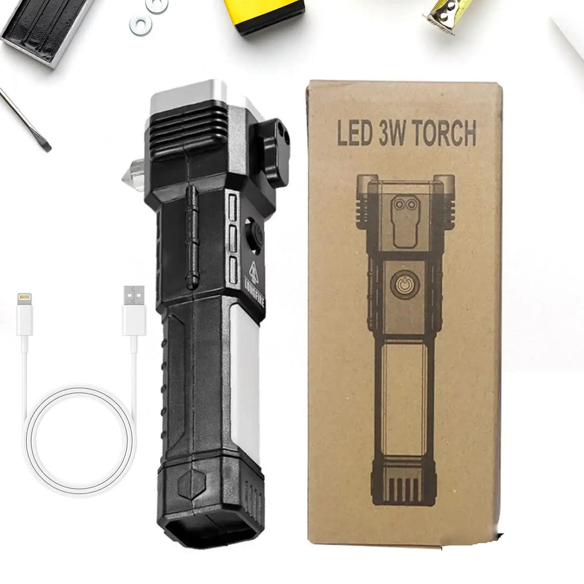 Portable 3w Rechargeable Torch Led Flashlight Long Distance Beam Range Hammer And Strong Magnets Window Glass And Seat Belt Cutter 4 Modes For Car Camping Hiking Indoor Outdoor HP DD