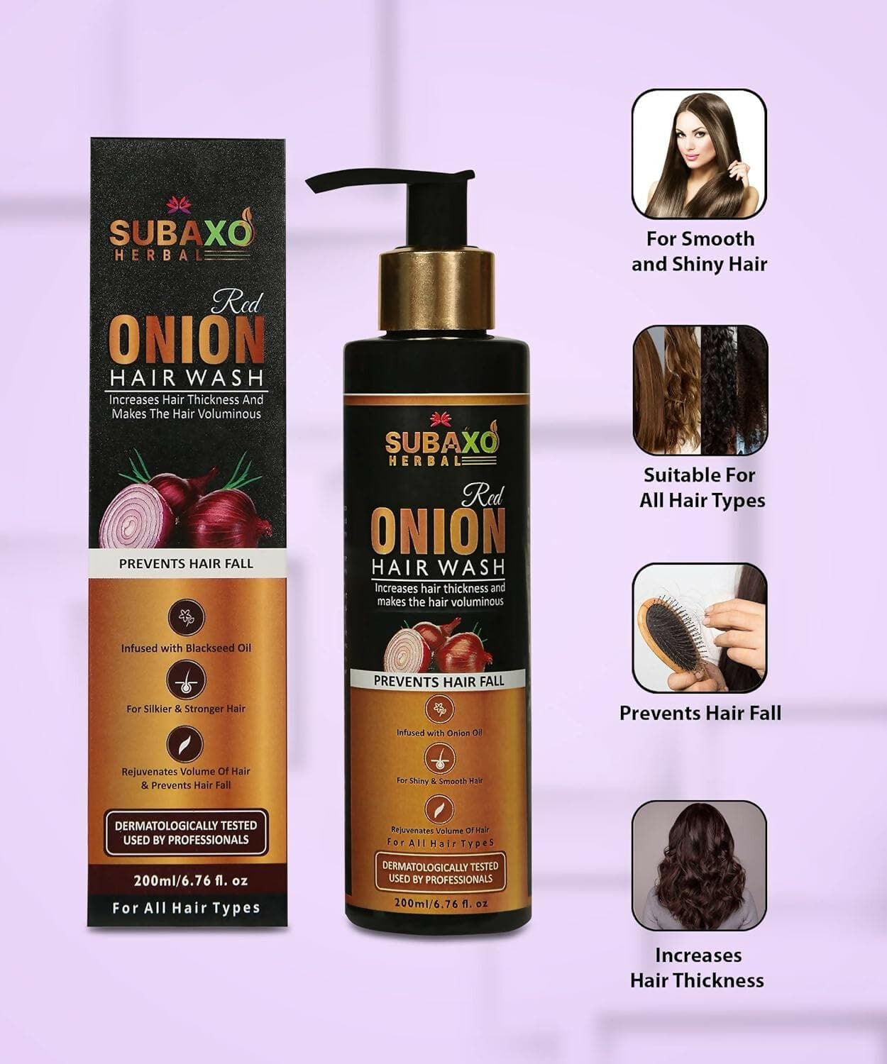 Subaxo Herbal Red Onion Hair Wash- Onion Shampoo Prevents Hair Fall Makes Hair Silkier & Stronger Herbal Shampoo for Women & Men (200ml) - HalfPe