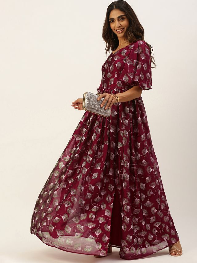 Bollywood Vogue Ready To Wear Maroon Satin Blend Foil Printed Slit Maxi Dress