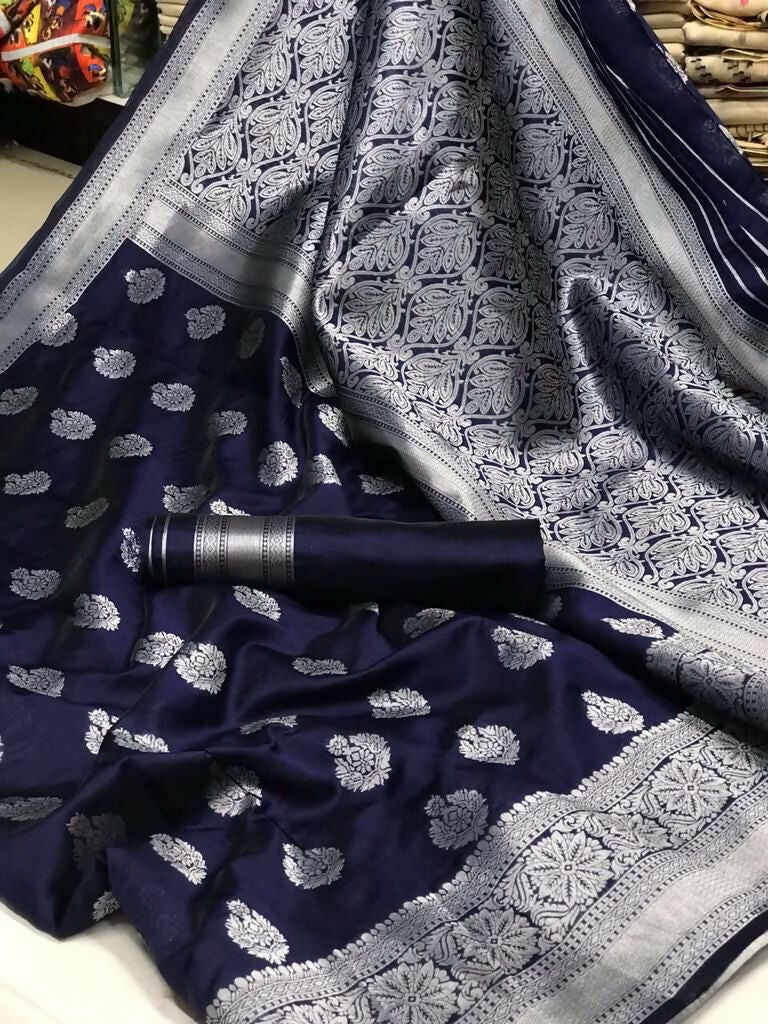 AXONIT Banarasi Silk Saree for Women with Silver Zari Work for Wedding Wear