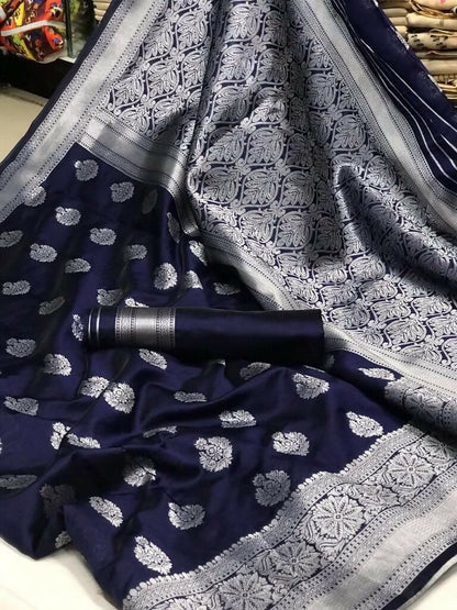 AXONIT Banarasi Silk Saree for Women with Silver Zari Work for Wedding Wear