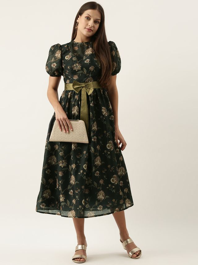 Bollywood Vogue Ready To Wear Green Chanderi Silk Puff Sleeve Dress