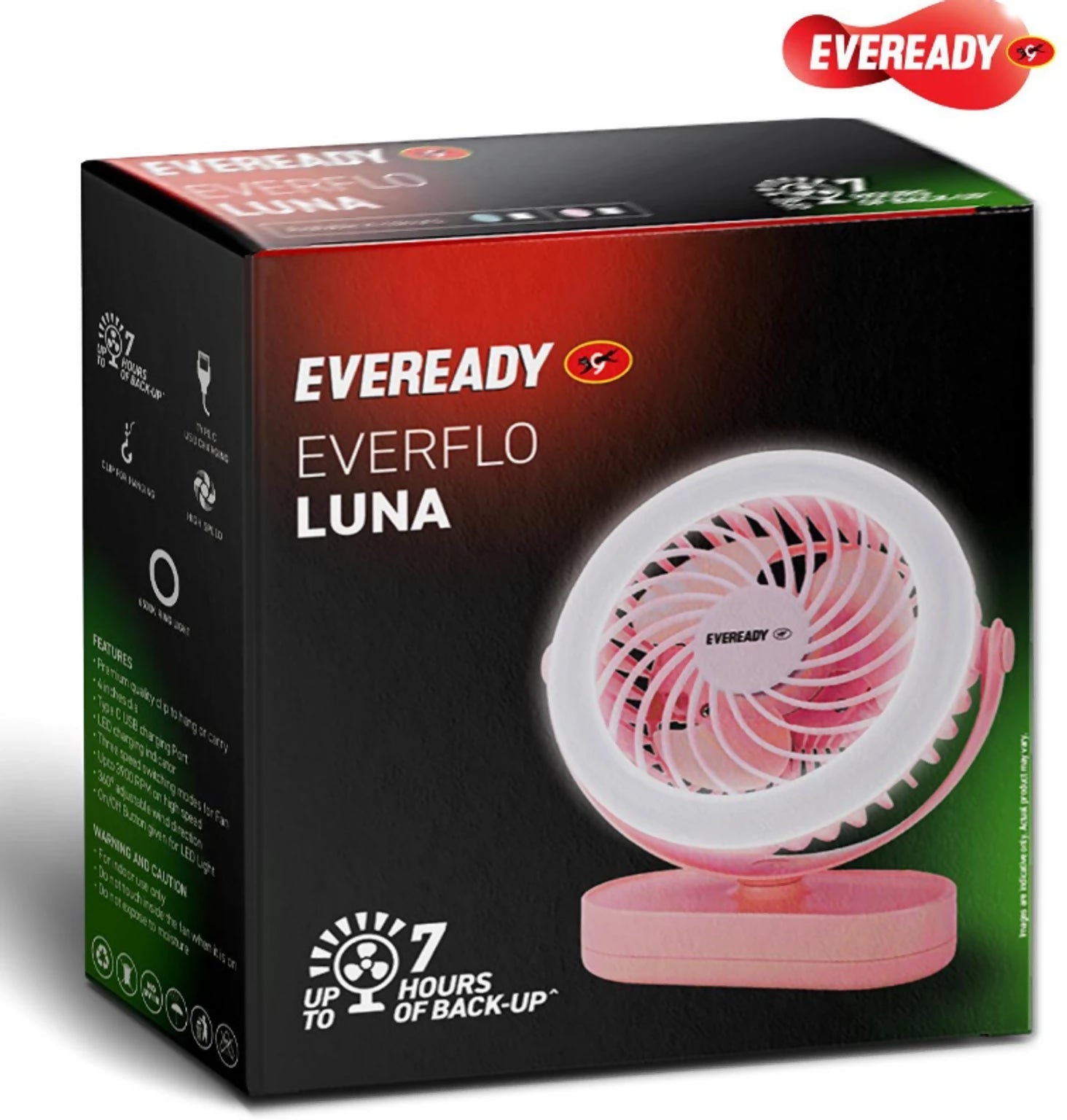 Eveready Everflo Luna Rechargeable Table Fan with LED Ring Light – Up to 7 Hours Backup HalfPe - FW -TPT