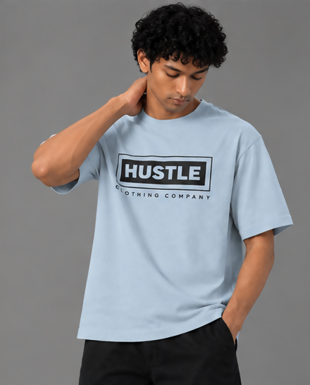 HUSTLE Men's Crew Neck Oversized T-Shirt – Sky Blue(Oversized fit)