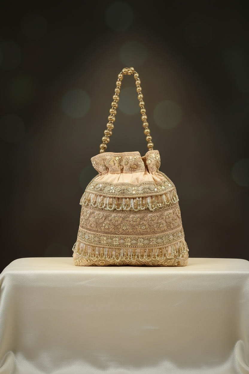 Champagne Gold Embroidered Potli Bag – Festive Clutch for Women RAYORA ENTERPRISE