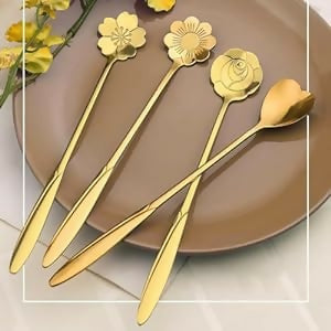 Golden Spoon Set/Coffee Spoon/Dessert Spoons/Cutlery Kitchen Tableware/Stainless Steel Gold Different Shape Coffee Spoons, Set of 4 Pcs,24 Centimeter