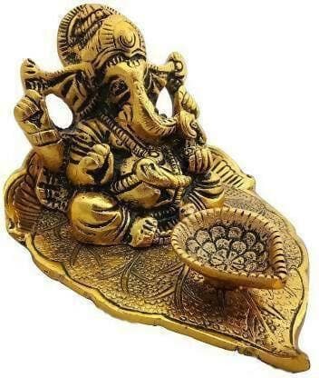 Leaf and Gold Plated Ganesha Idol with Diya - HalfPe