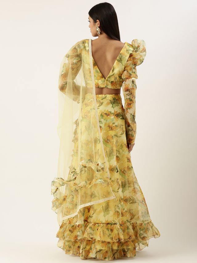 Bollywood Vogue Ready To Wear Yellow Printed Organza Lehenga