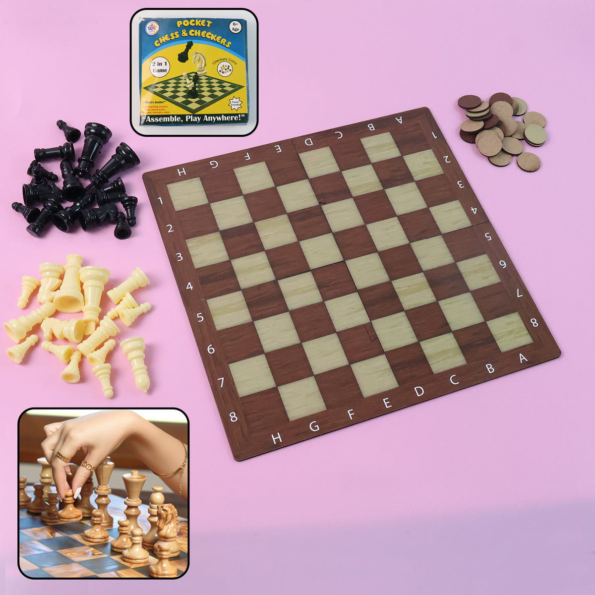 Pocket Chess &amp; Checkers 2-in-1 Travel Game Set – Foldable Coordinate Board with 32 Plastic Chessmen & 24 Draughts Coins - (1 Set)