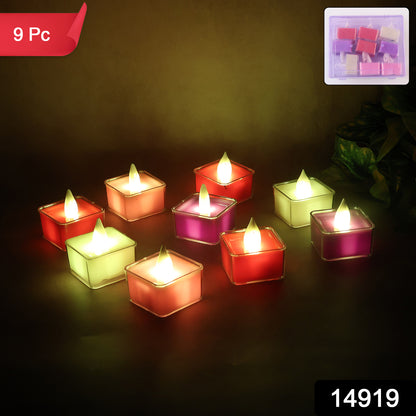 Square LED Flameless Decorative Tealight Candles with Battery Operated Multicolor Lights with Flickering Flame Effect - (9 Pc  Set)