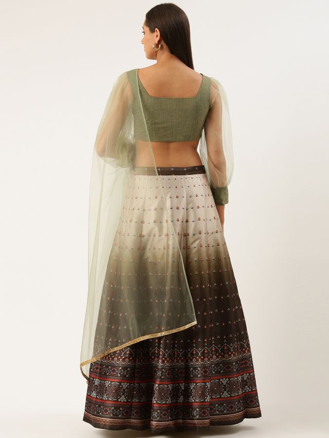 Bollywood Vogue Ready To Wear Green Taffeta Digital Print  Kali Lehenga