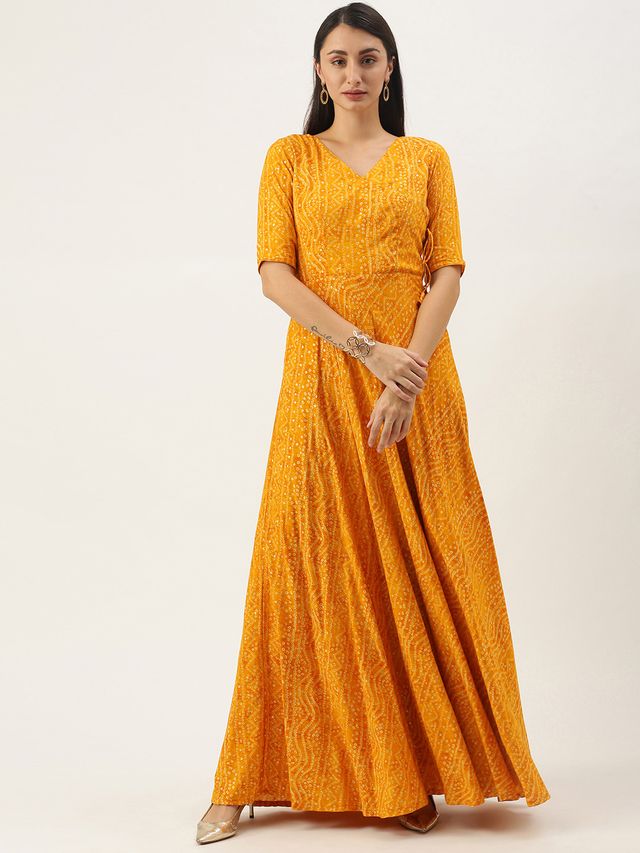 Bollywood Vogue Ready To Wear Yellow Printed Angarkha Gown