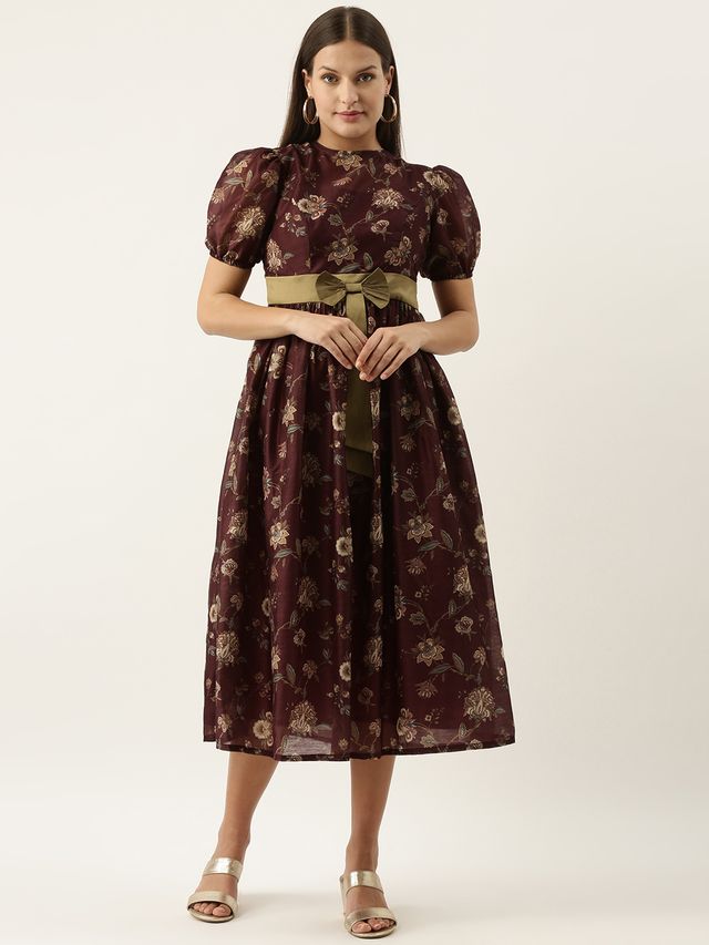 Bollywood Vogue Ready To Wear Maroon Chanderi Silk Puff Sleeve Dress